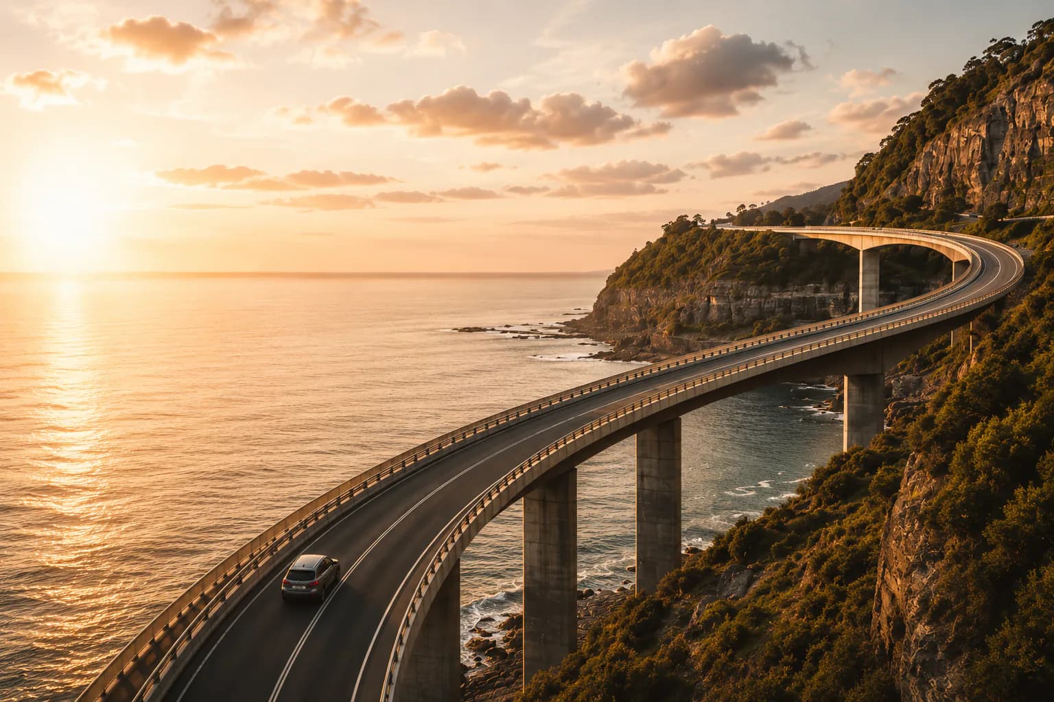 A winding coastal bridge at sunrise, suggesting a considered way forward