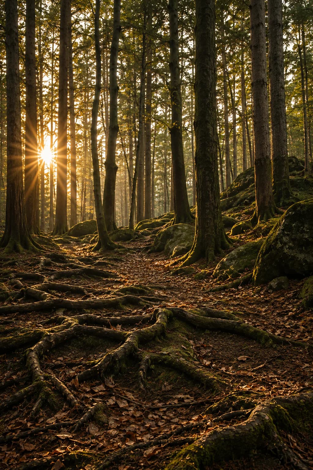 Sunlight filtering through a forest path with exposed roots