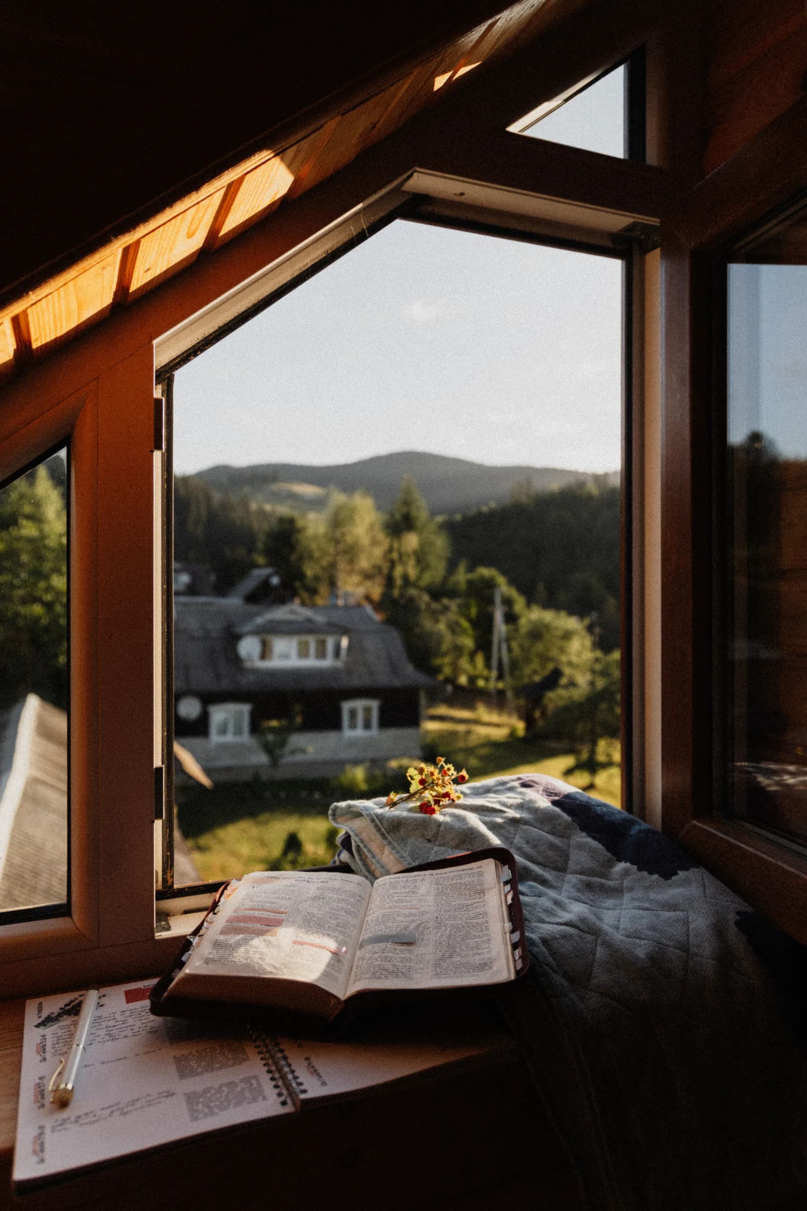 An open book and journal beside a sunny window